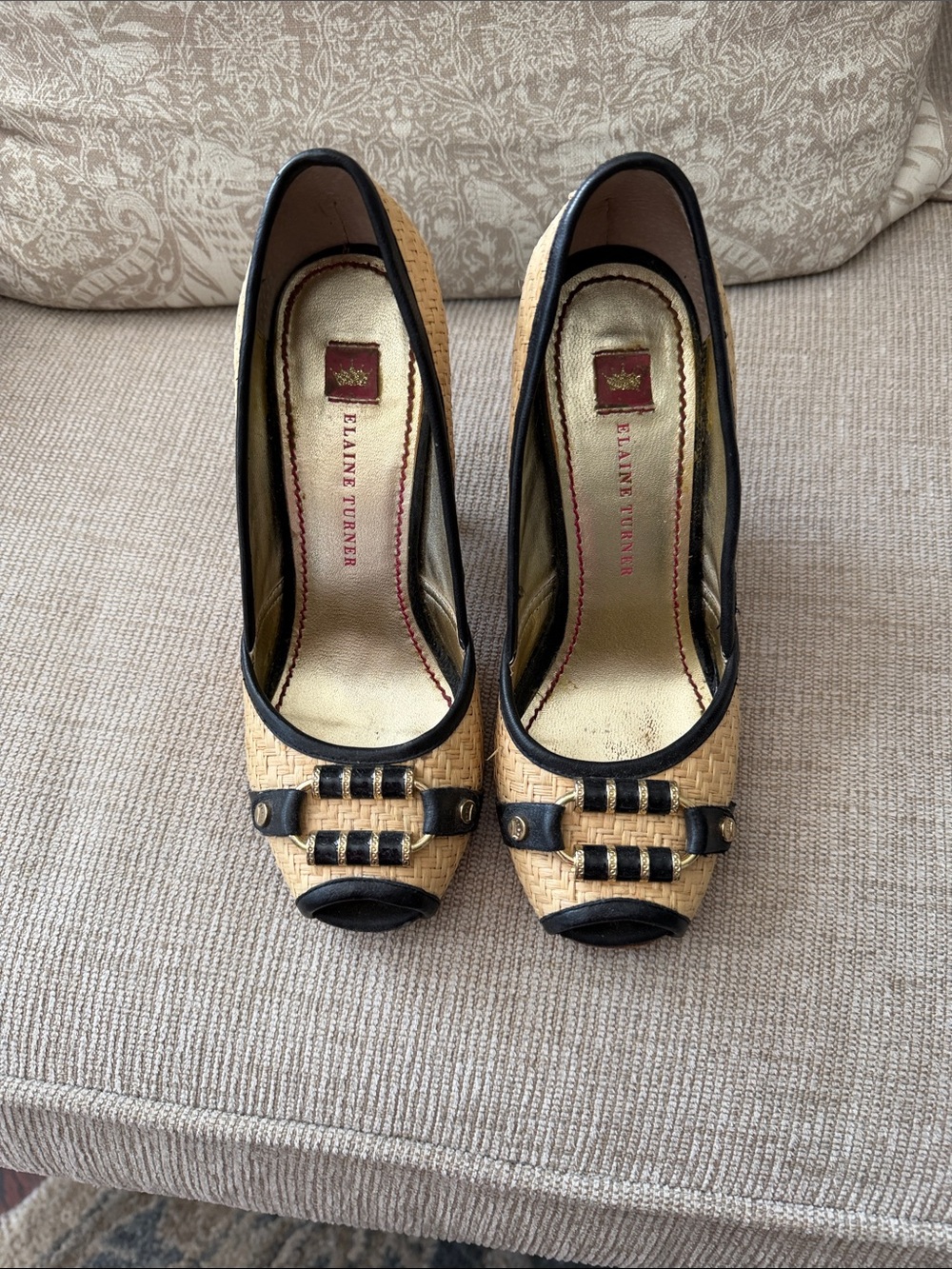 Elaine Turner Tan Woven Peep-Toe Heels with Black Trim-Vintage
